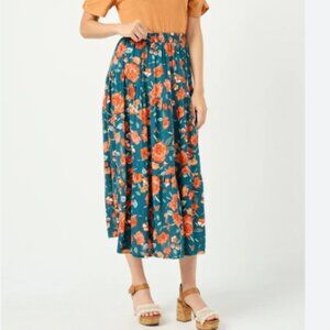 Hayden LA Floral Midi Skirt Teal Elastic Waist Tiered Like New Women's Small S